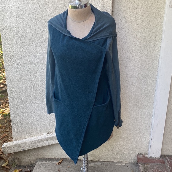 Free People teal wool blended waterfall wrap hoodie zippered front chic jacket - Picture 6 of 16